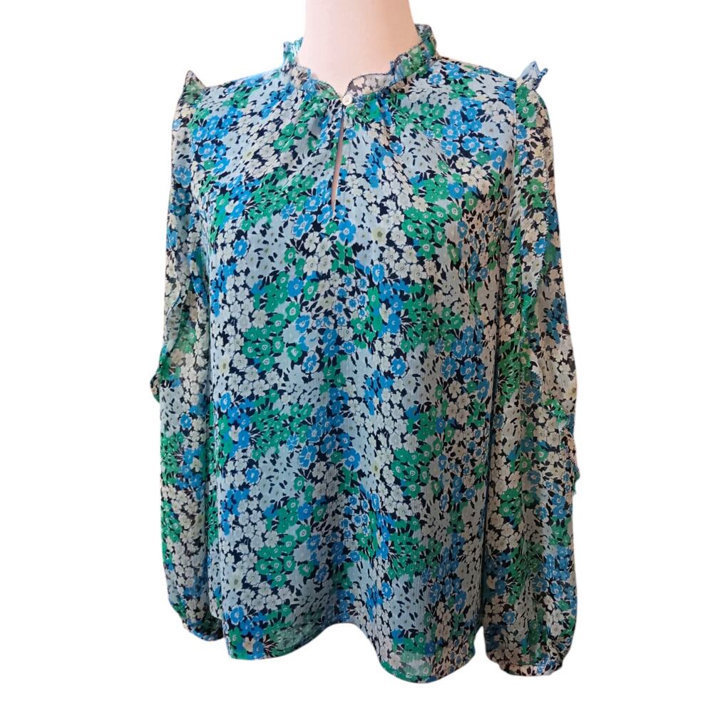 LOFT Blouse Top Floral Cottage Dainty Ruffles Boho Romantic Flowy Watercolor M‎